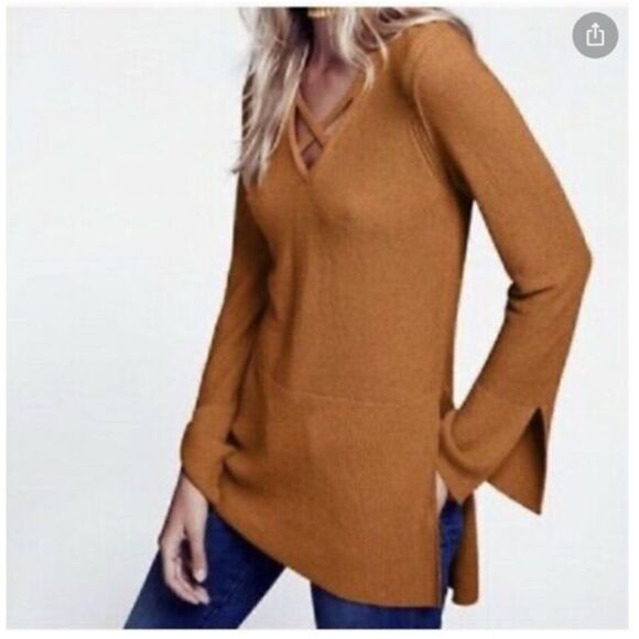 Free People Women's Criss Cross Sweater Tunic in Mustard Yellow Gold $98 - Picture 1 of 6